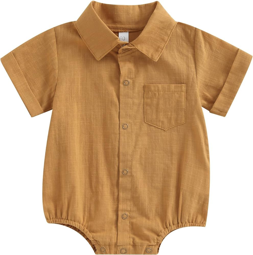 AEEMCEM Newborn Baby Boy Clothes Cotton Linen Button Up Bodysuit Shirt Oversized Lapel Short/Long... | Amazon (US)