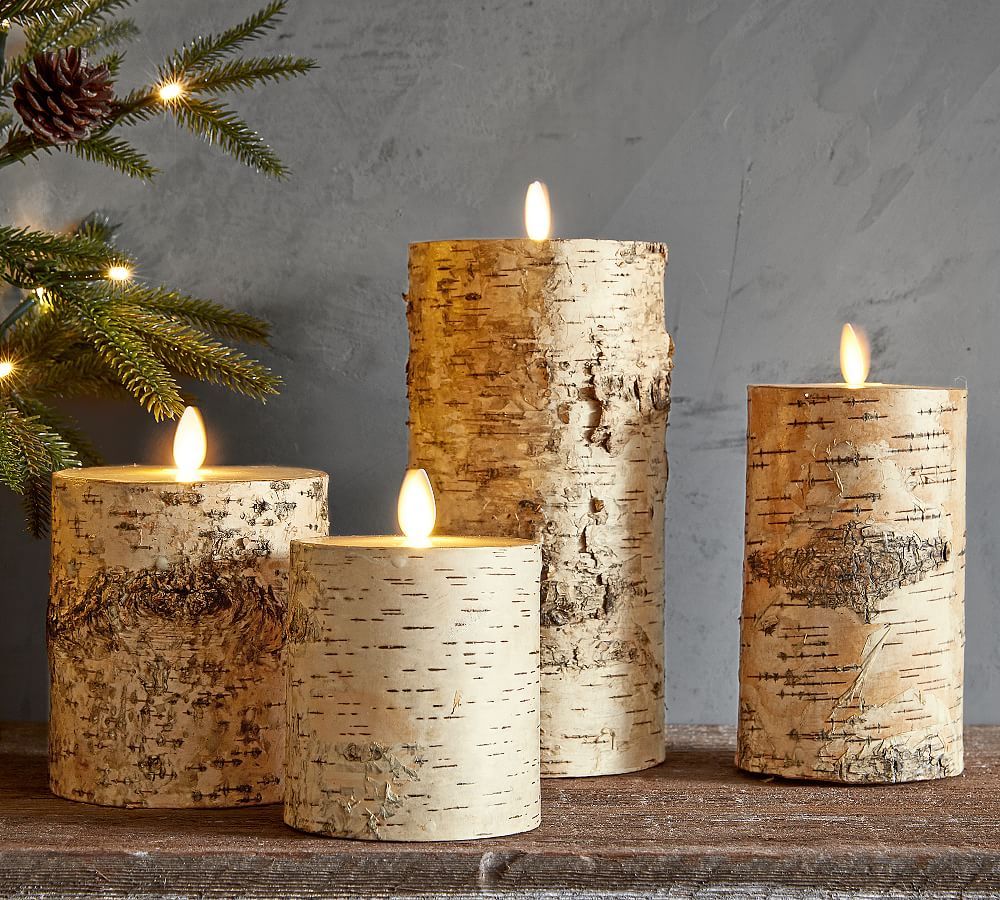 Premium Flickering Flameless Wax Pillar Candles - Textured Birch | Pottery Barn (US)