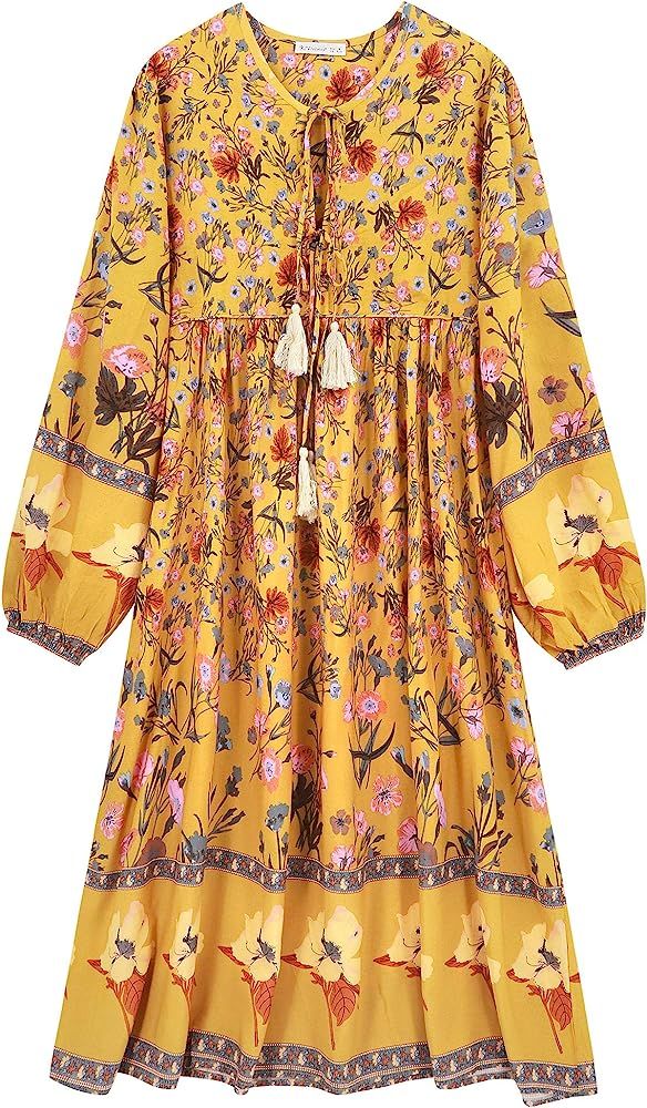 Women's Long Sleeve Floral Print Retro V Neck Tassel Bohemian Midi Dresses | Amazon (US)