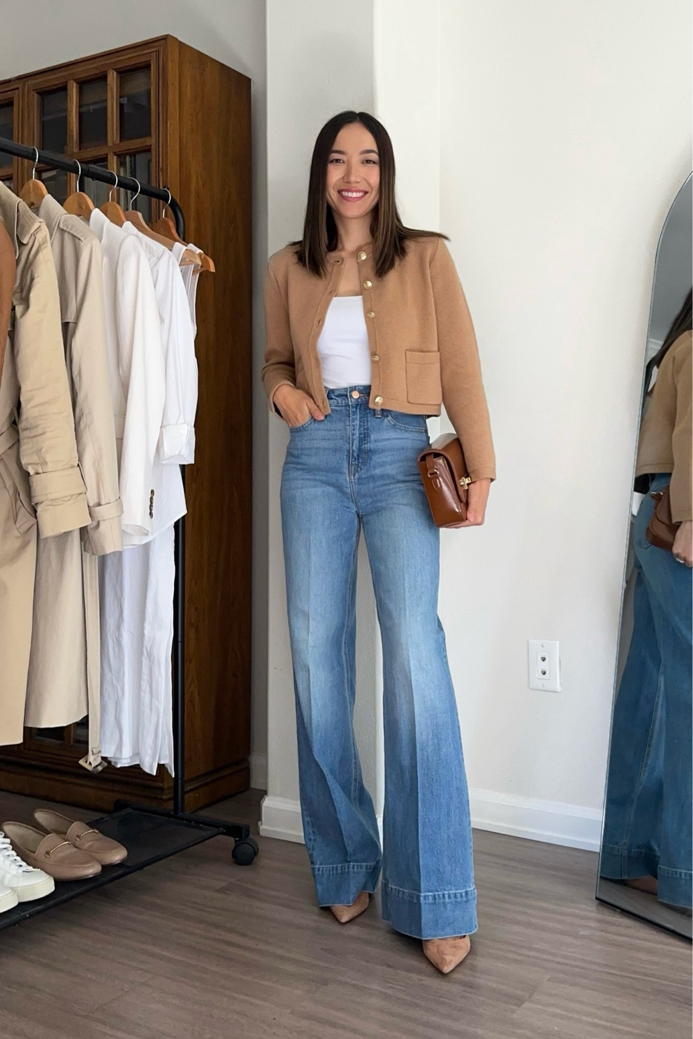 Spring outfit - styling sweater jacket from J.crew currently on sale during their annual spring sale! 

Sweater jacket xs 
Seamless tank - this one is sold out from Abercrombie, linked similar 
Wide leg jeans - wearing regular length, they also offer petite and tall! 
Italian leather bag 

Classic workwear / capsule workwear styling jeans / business casual

#LTKworkwear #LTKsalealert #LTKfindsunder100