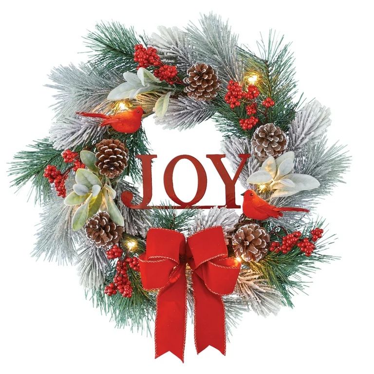 Collections Etc LED Lighted "Joy" Frosted Christmas Front Door Wreath | Walmart (US)