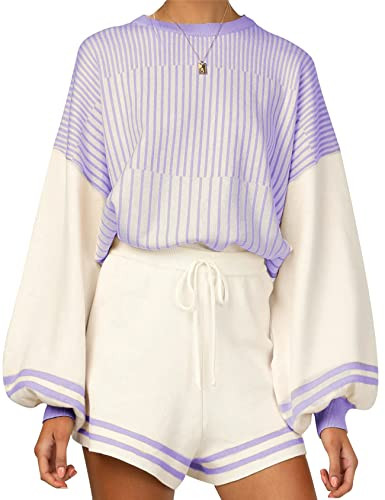 Flygo Womens Knitted Sweater Set Lounge Sets 2 Piece Outfits Striped Top Sweat Shorts Set Tracksuit Loungewear(Purple-M) | Amazon (US)