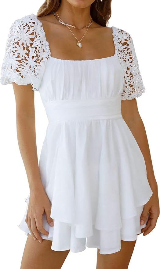 DOROSE Womens Summer Casual Lace Short Sleeve Mini Dress Romper | Amazon (US)