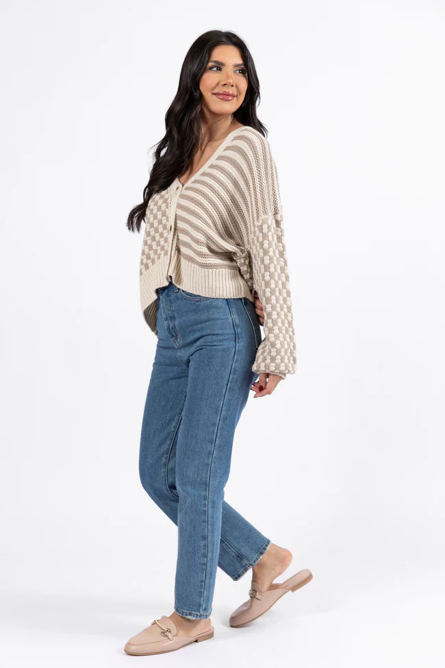 Time To Waste Beige Checkered and Striped Cardigan DOORBUSTER | Pink Lily