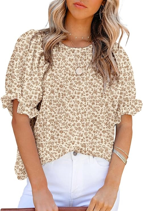 Dokotoo Floral Print Blouses for Women Crewneck Smocked Puff Sleeve Shirts Casual Babydoll Tops | Amazon (US)