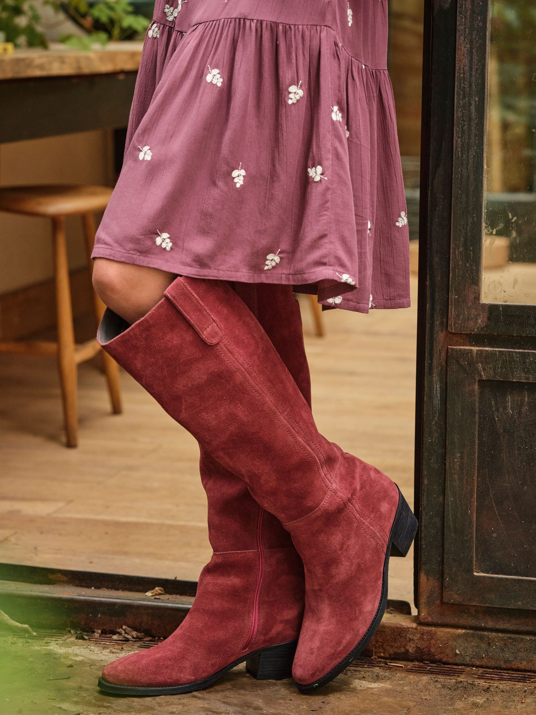 FatFace Red Suede Mid Heel Knee High Boot | Fat Face