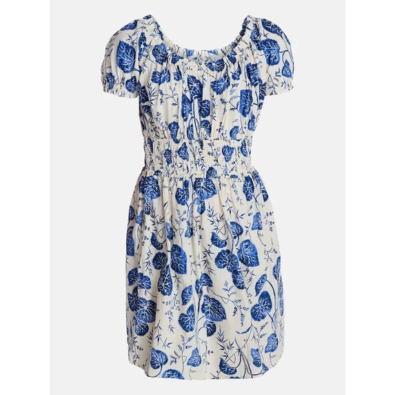 Time and Tru Women's and Women's Plus Cotton Peasant Mini Dress With Puff Sleeves, Sizes XS-4X | Walmart (US)
