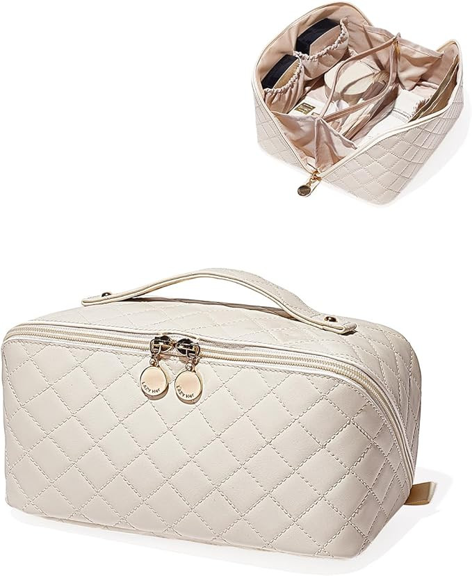 Travel Makeup Bag,Large Capacity Cosmetic Bags for Women,Waterproof Portable Pouch Open Flat Toil... | Amazon (US)