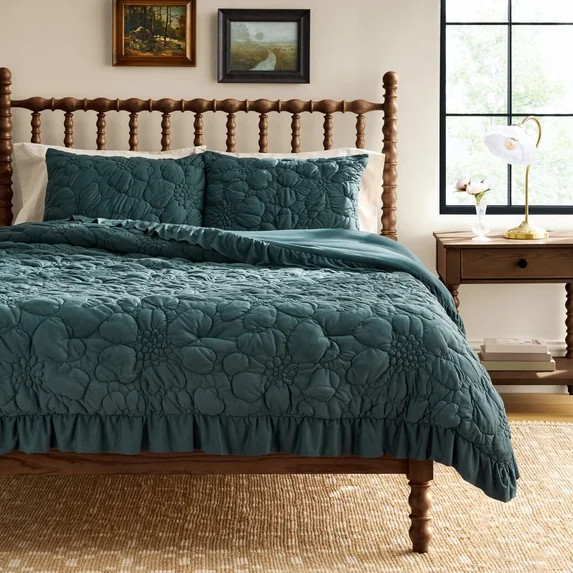 The Pioneer Woman Ruched Floral 3-Piece Comforter Set, Full/Queen, All Season, Teal | Walmart (US)