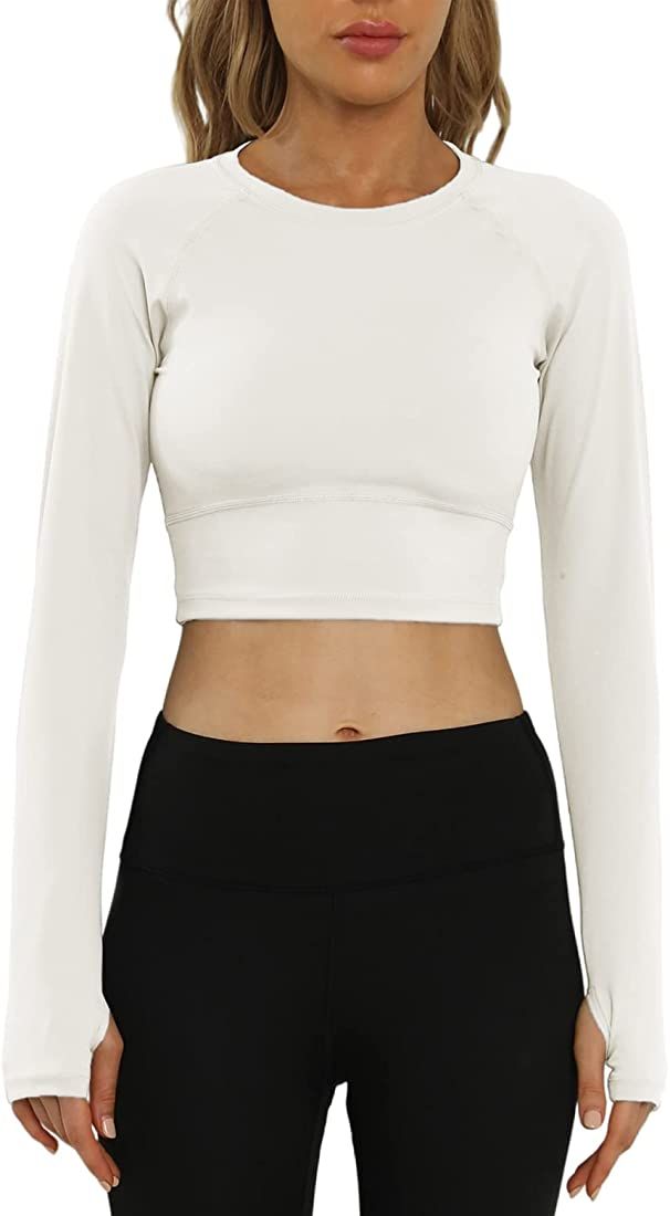 Women's Long Sleeve Crop Tops Workout Shirts Basic Round Neck Fitted Tees with Thumb Holes | Amazon (US)