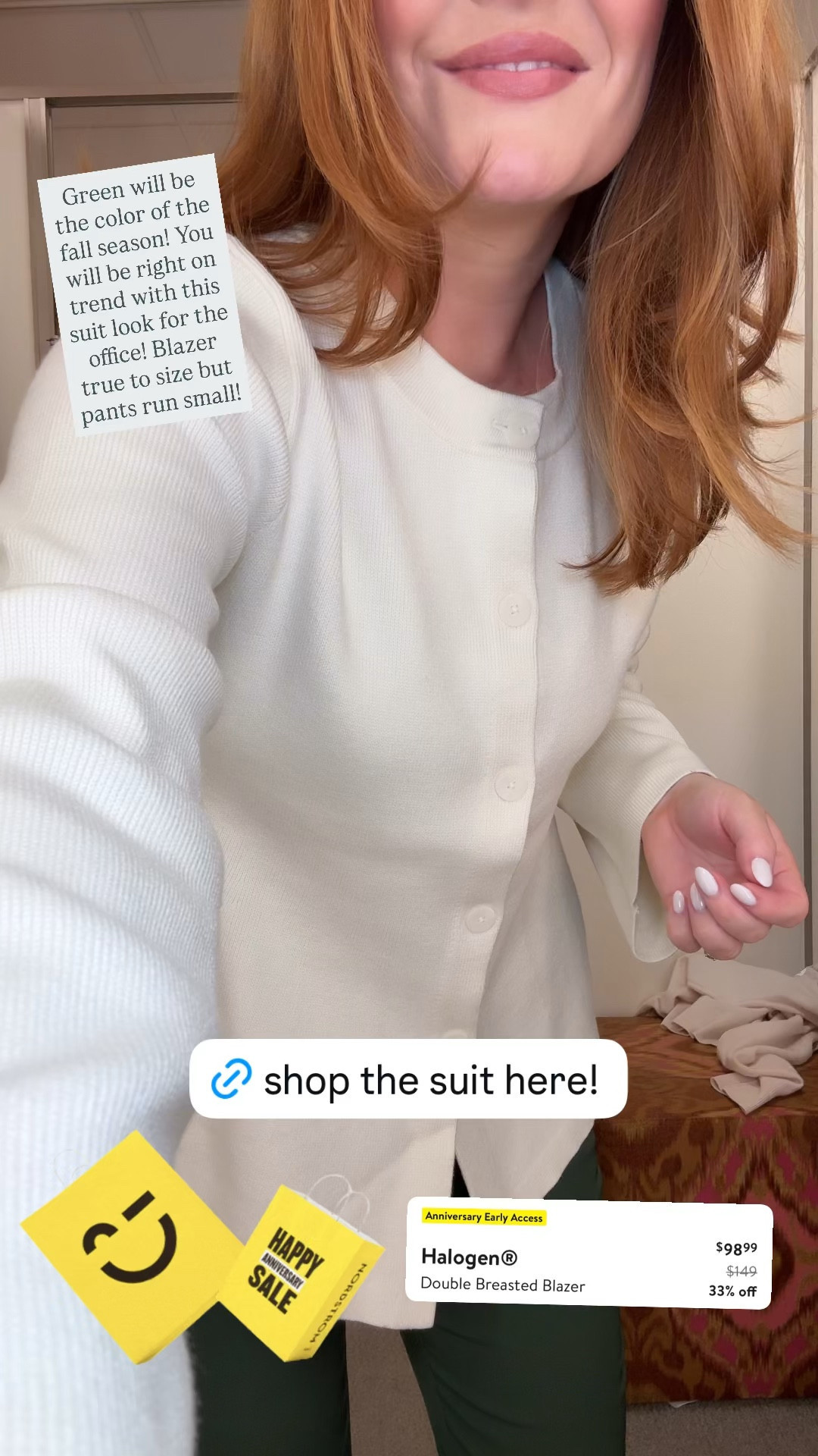 Sizing: top is true to size and so is the blazer but size up in the pants!

Green is the color you’ll be seeing everywhere this fall, and this Halogen green suit is such a chic way to wear the trend. 💚 The double-breasted blazer instantly elevates your office wardrobe, while the tailored trousers create a polished, put-together look. Perfect for work, presentations, interviews, and business meetings. The blazer runs true to size, but I recommend sizing up in the pants.

SEO Keywords: Halogen blazer, green pantsuit, women’s suit, office suit, business professional outfit, workwear for women, tailored blazer, fall office outfit, green blazer, Nordstrom Anniversary Sale.

Hashtags:
#Halogen #PowerSuit #OfficeStyle #BusinessProfessional #WorkwearFashion #FallWorkwear #NordstromAnniversarySale #BlazerStyle #LTKStyle #OfficeOutfit