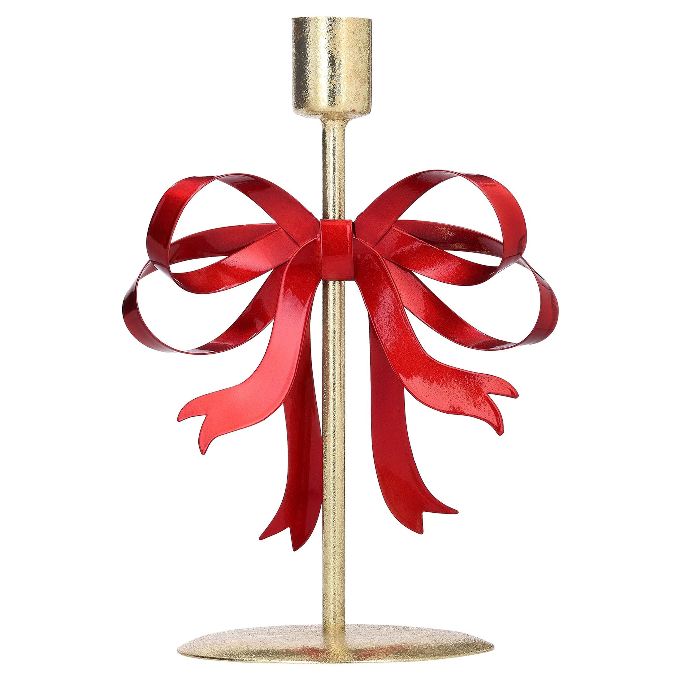 Small Gold and Red Bow Metal Christmas Taper Candle Holder, 7.8", by Holiday Time - Walmart.com | Walmart (US)