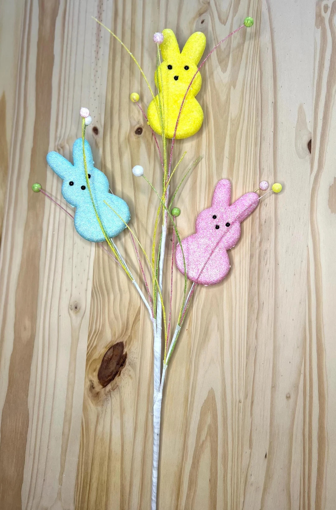Easter Peeps Sugar Bunny Ball Spray Holiday Pick in Pink, Blue, and Yellow Stem Wreath Decoration... | Etsy (US)