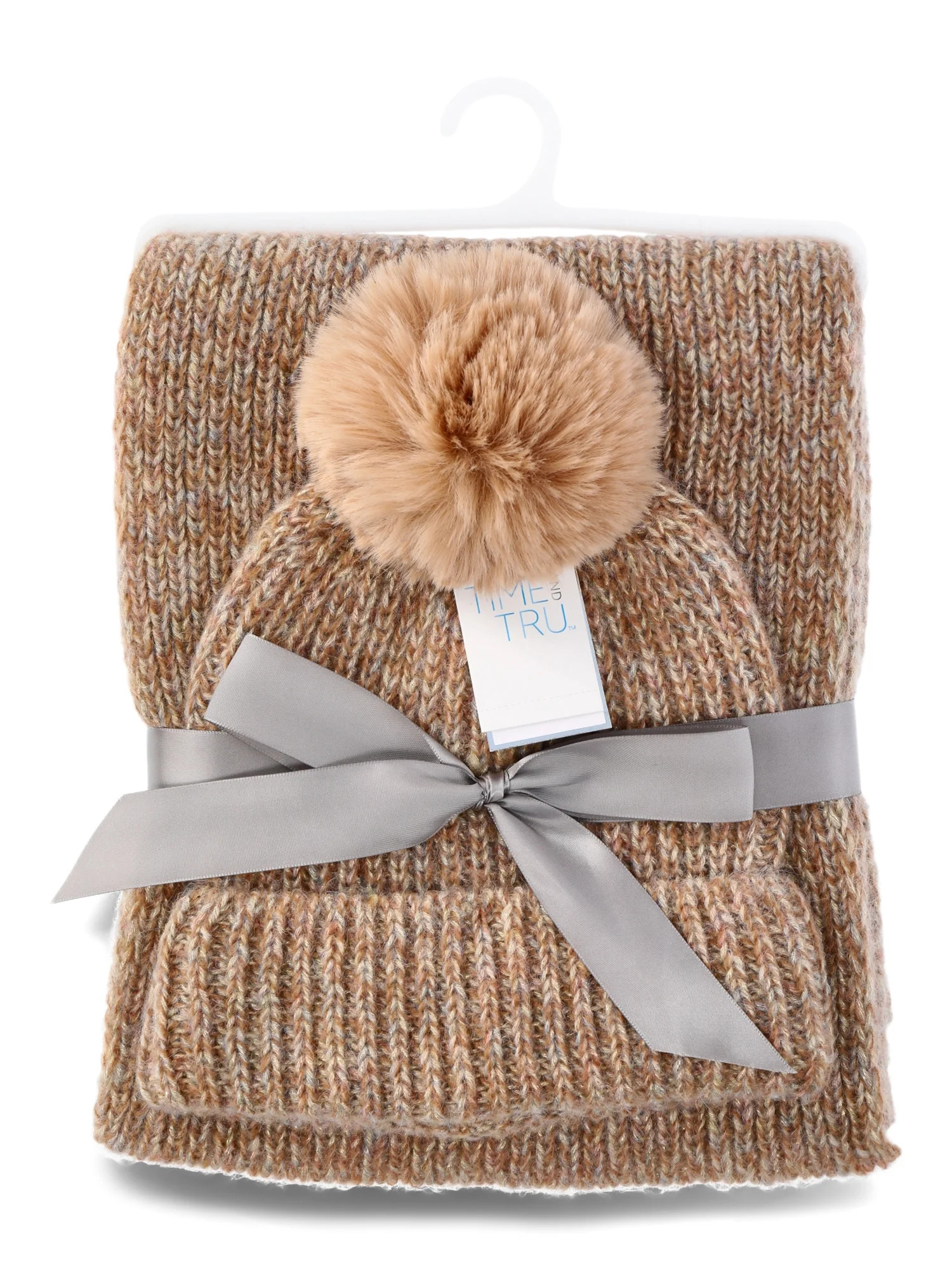 Time and Tru Women's Lurex Weave Beanie and Winter Scarf 2-Piece Gift Set, Tan | Walmart (US)