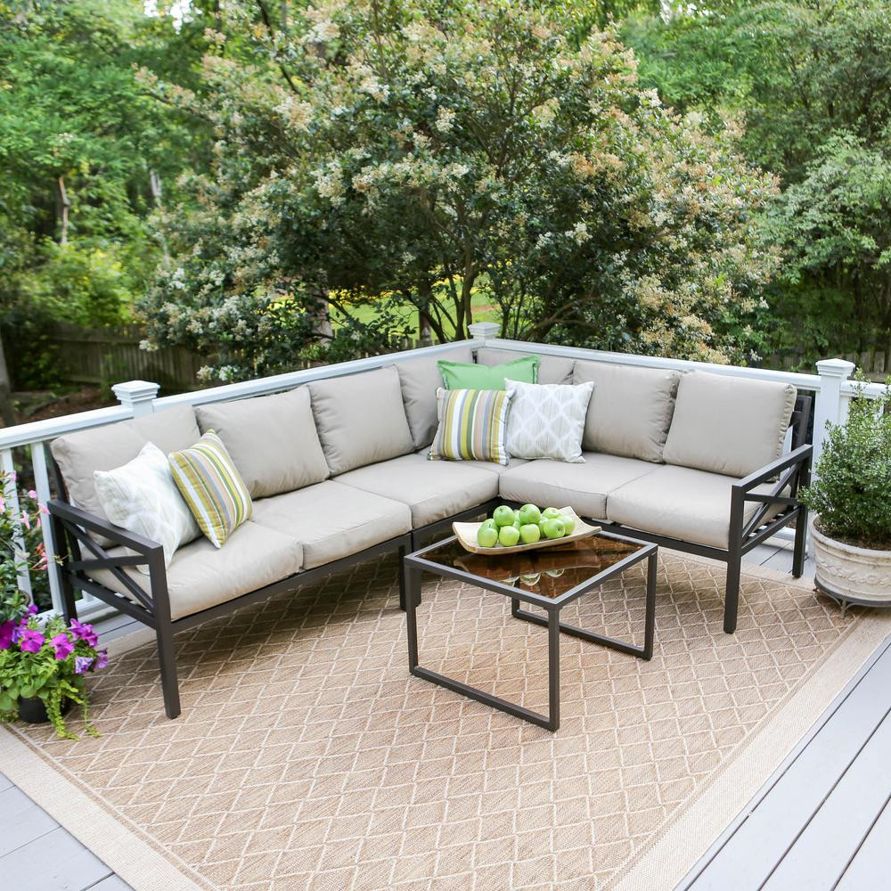 Leisure Made Blakely Black 5-Piece Aluminum Outdoor Sectional with Tan Cushions-502987-TAN - The ... | The Home Depot