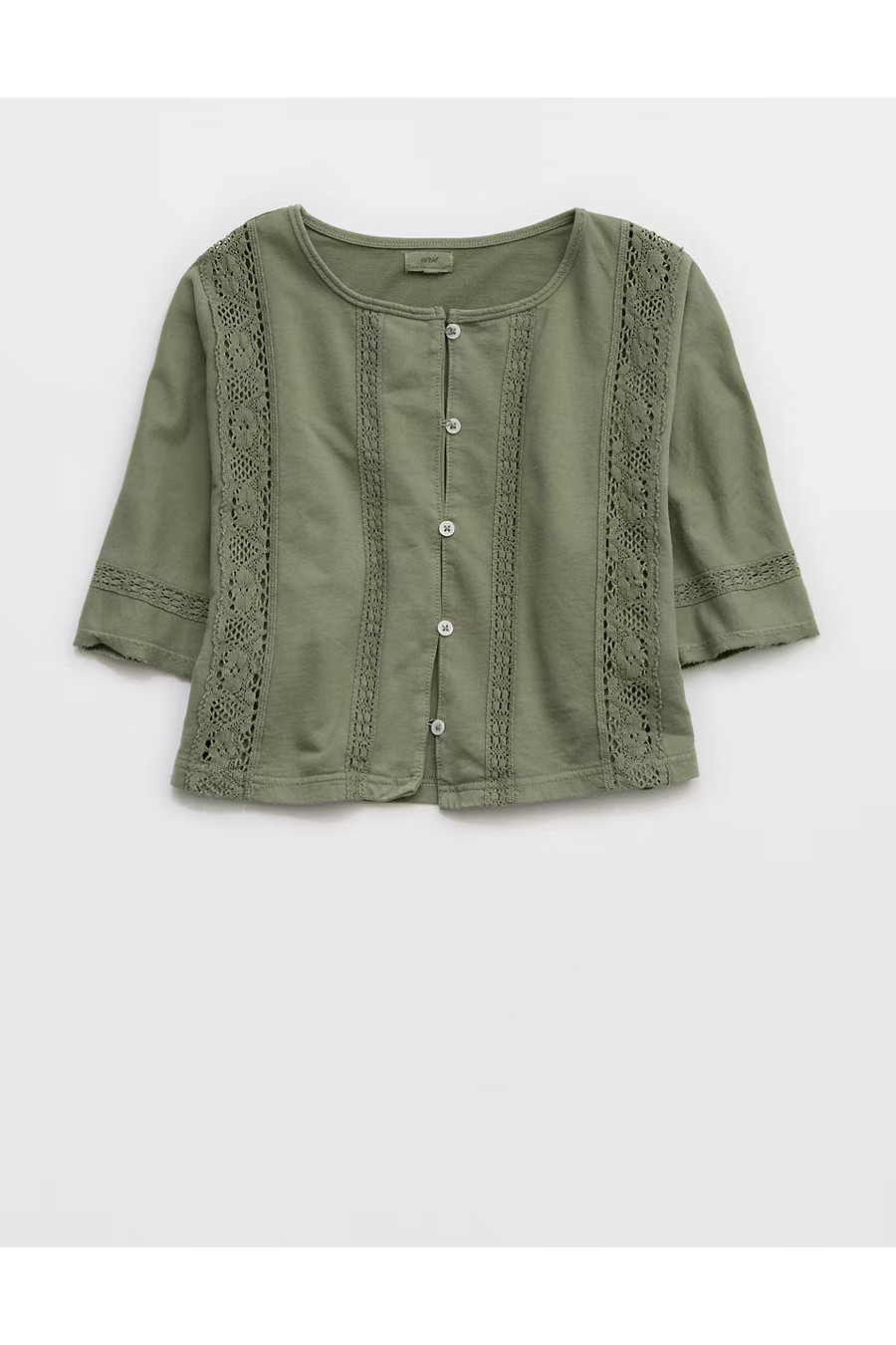 Aerie Short Sleeve Crochet Cardigan Women's Olive Fun XXS | American Eagle Outfitters (US & CA)