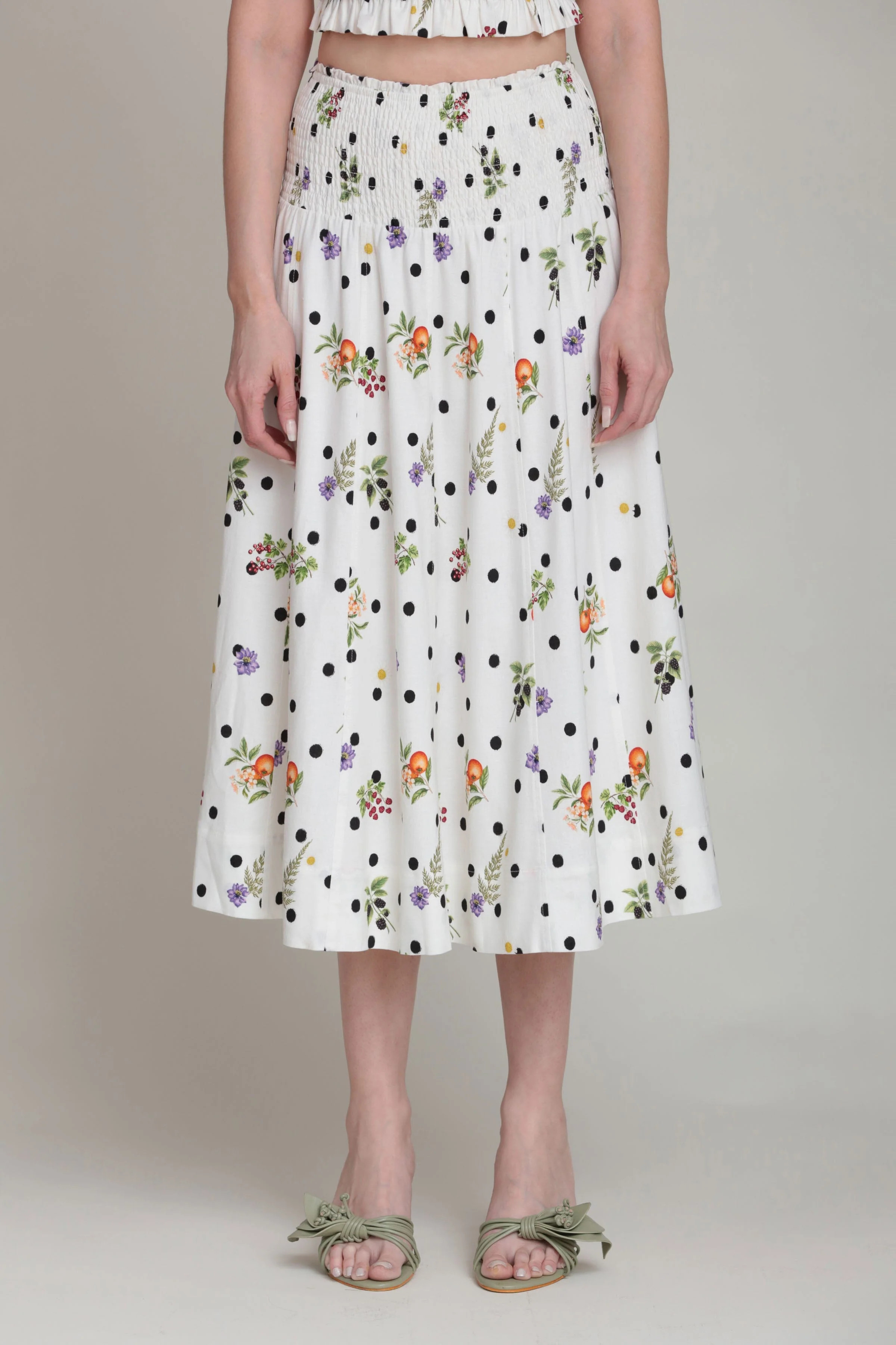 Linen Blend Floral Polka Dot Smocked Midi Skirt | Avec Les Filles