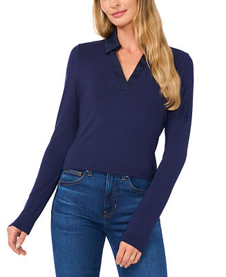 Women's Woven-Collar Knit Long-Sleeve Top | Macy's