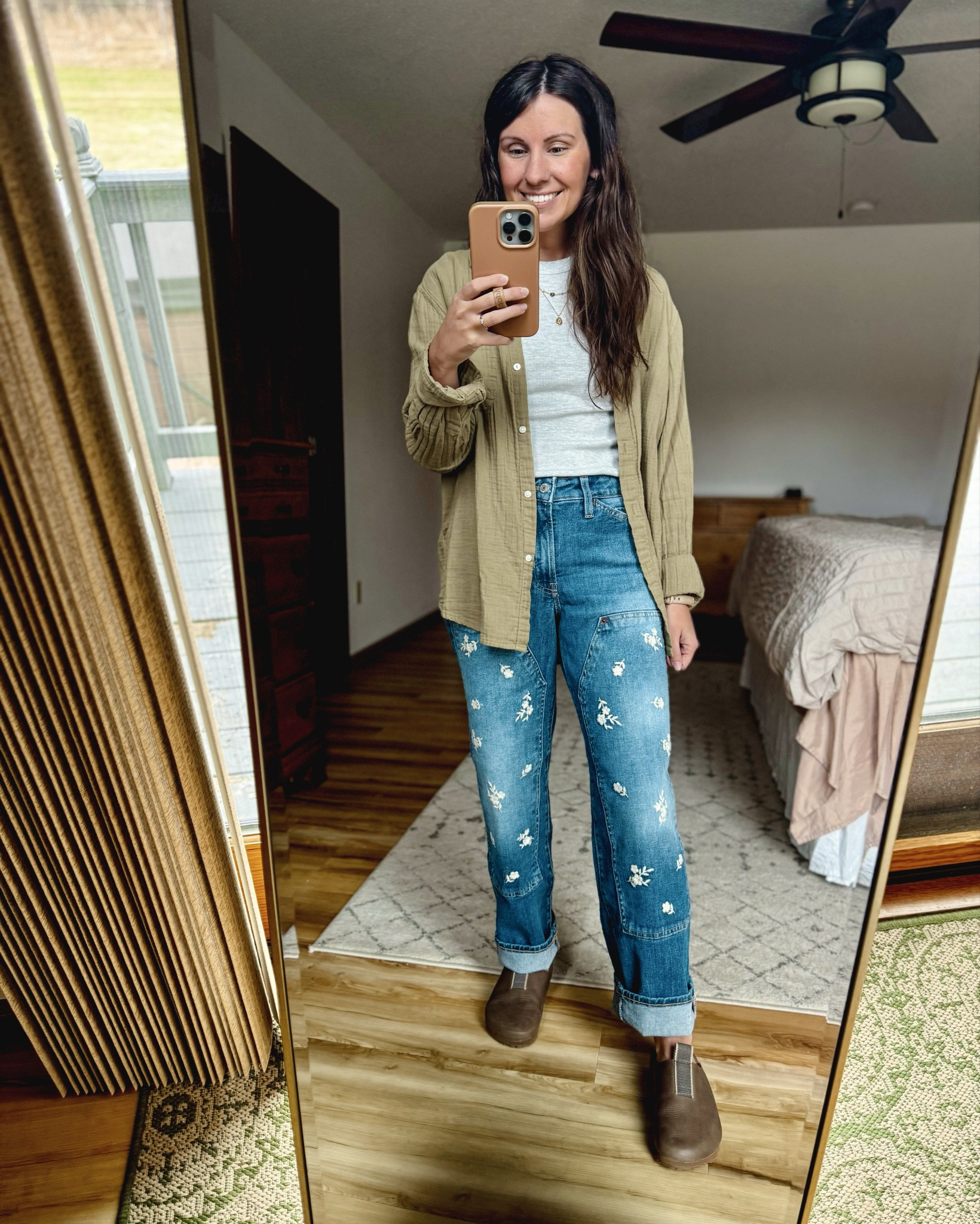 Small in my ribbed tee, small in ny cotton button up (lots of colors still available—this green sold out—linked one the exact same color from old navy) and 0 petite on these fi embroidered utility jeans! I cuffed them but they’re also 99% cotton so I think they’ll shrink some and fit nicely too! Size 6 in my clogs!

#LTKootd #LTKgrwm #LTKPetite