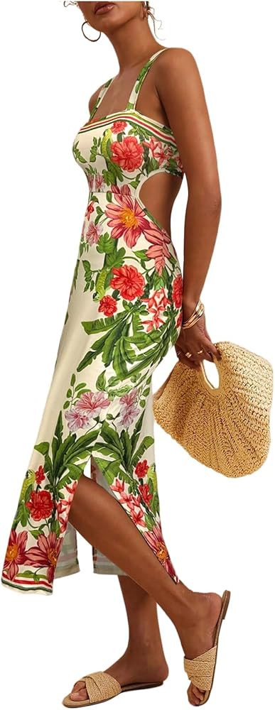 Floerns Women's Tropical Bow Tie Back Long Dress Sleeveless Split Vacation Maxi Dress | Amazon (US)