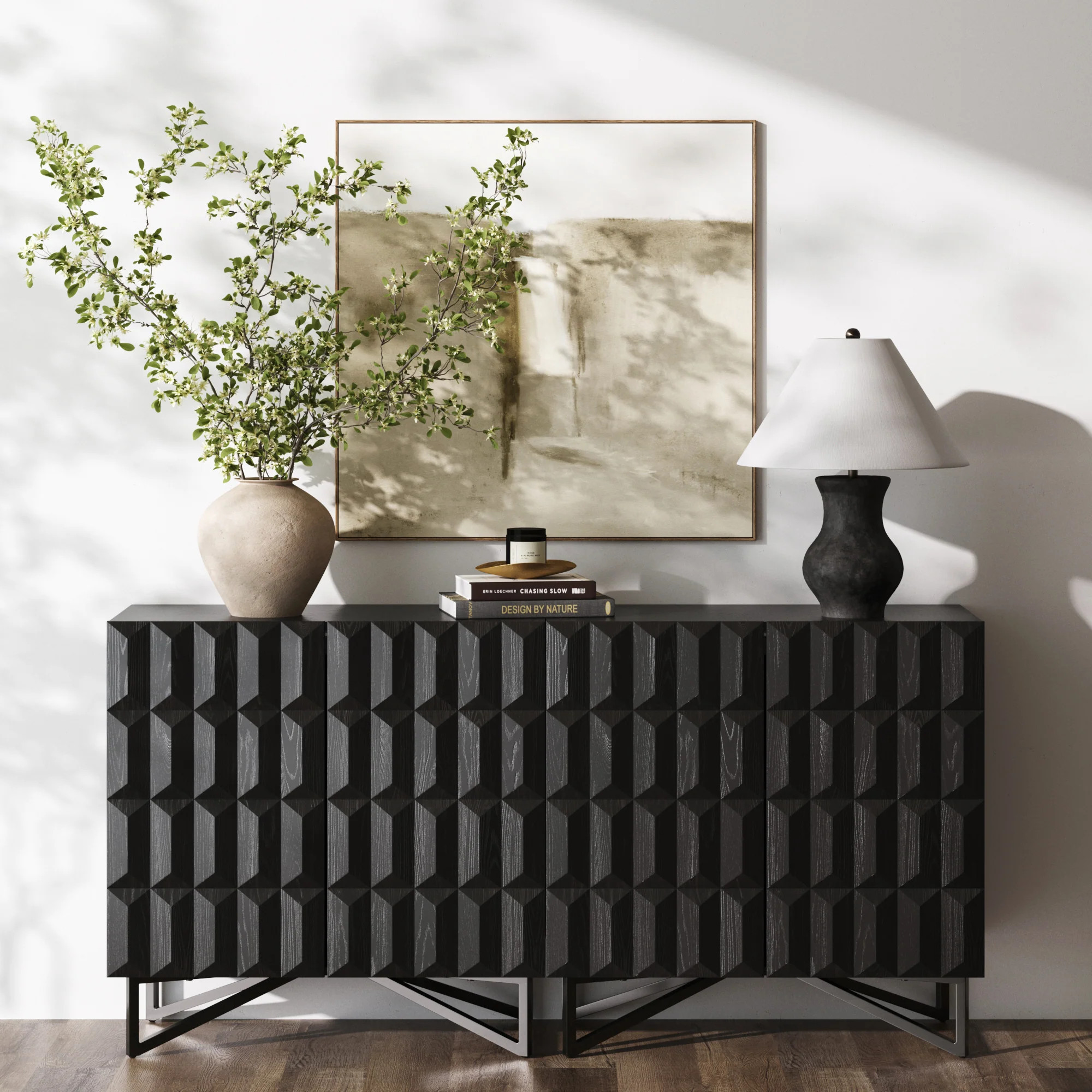 Contemporary Credenza Storage with Textured Front Black Oak (Set of 2) | Nathan James