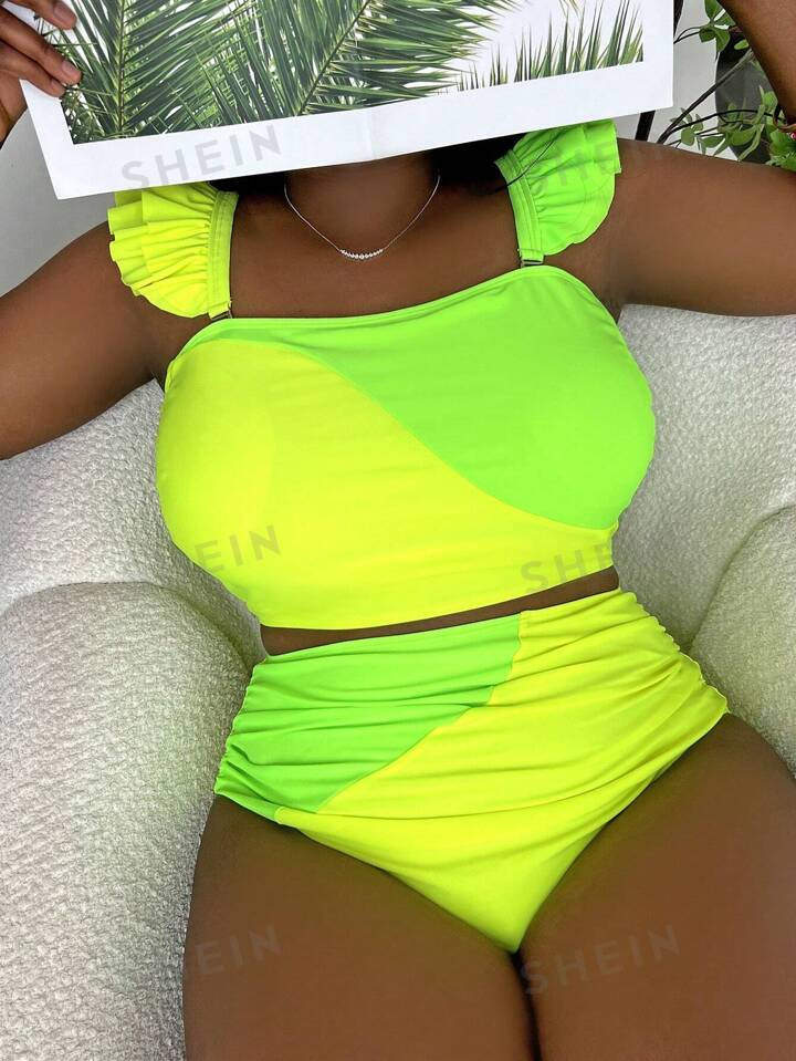 SHEIN Swim Vcay Plus Neon Lime Ruffle Trim Ruched Bikini Swimsuit4.88(100+) | SHEIN