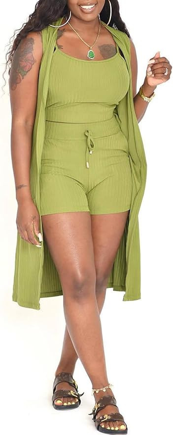Aladeno Women 3 Piece Outfits Ribbed Sleeveless Kimono Cardigan Cover Up Tank Crop Tops Bodycon S... | Amazon (US)