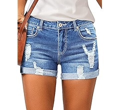 LookbookStore Women's High Waisted Rolled Hem Distressed Jeans Ripped Denim Shorts | Amazon (US)