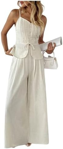 SOLY HUX Women's 2 Piece Summer Outfit Button Down Peplum Cami Top and Wide Leg Pants Set | Amazon (US)