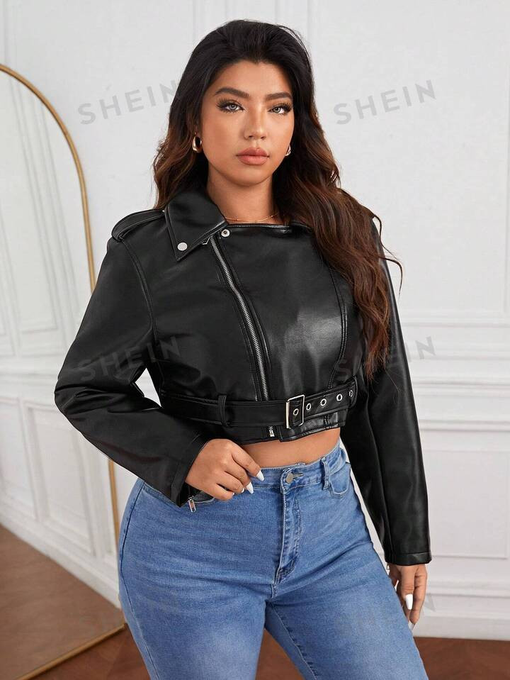 SHEIN Essnce Plus Zip Up PU Leather Moto Jacket | SHEIN