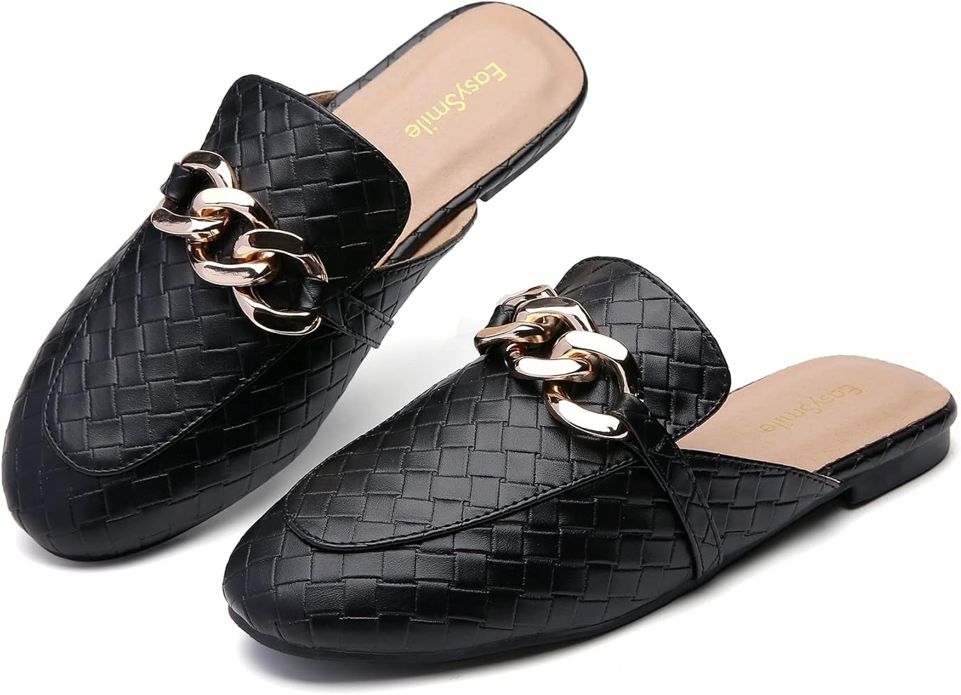 EasySmile Braided Embossed Metal Chain Decor Flat Mules for Women Minimalist Closed Round Toe Slip o | Amazon (US)