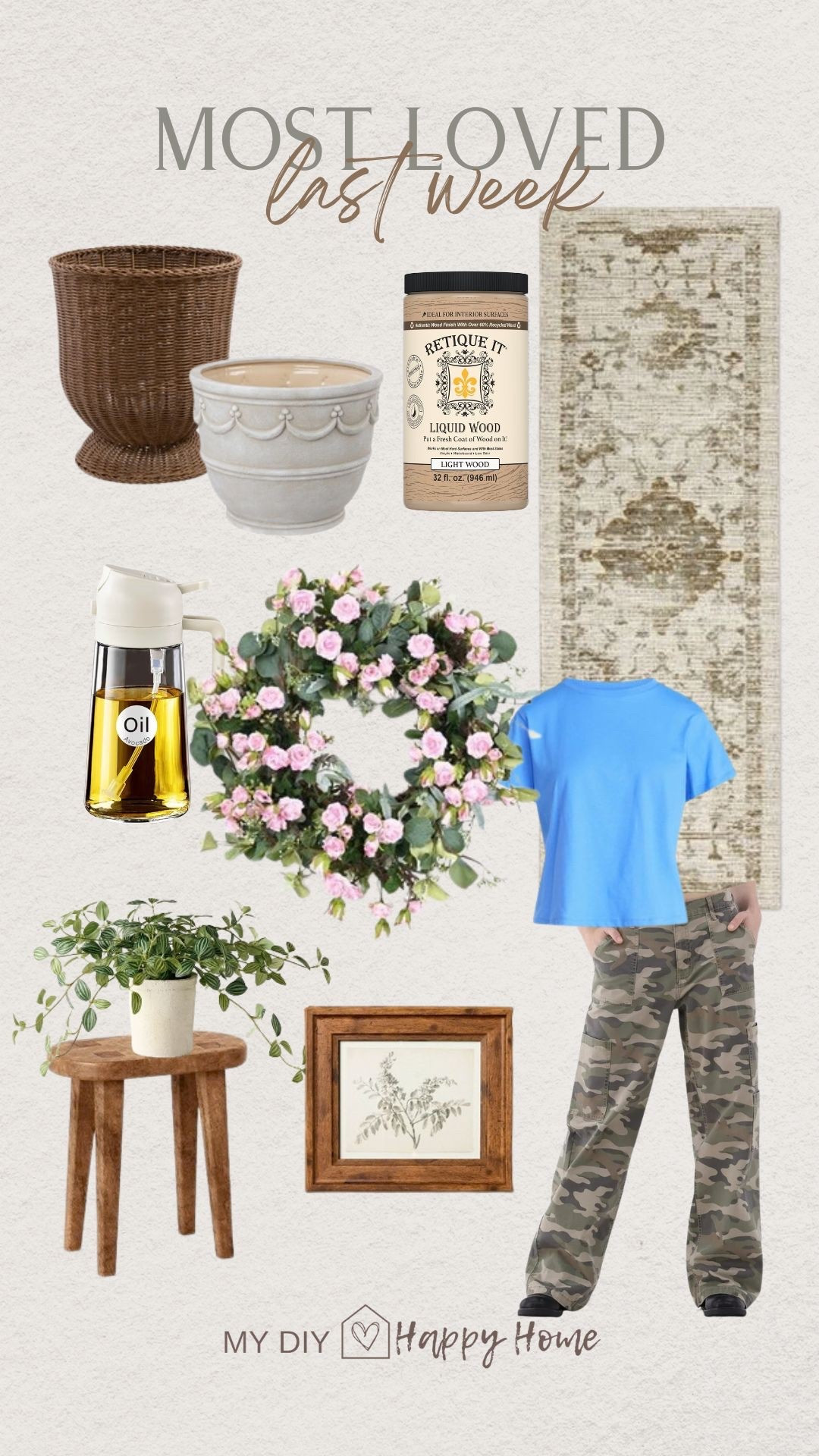 Last weeks most loved and best sellers 

Outdoor planters 
Vintage look machine washable runner 
Wood fiber paint 
2 inch 1 oil dispenser 
Floral wreath 
Short sleeve Crop shirt 
Cargo camo pants 
Carved wood accent table 
Faux greenery 
Framed art 

#LTKhome #LTKfindsunder50 #LTKstyletip