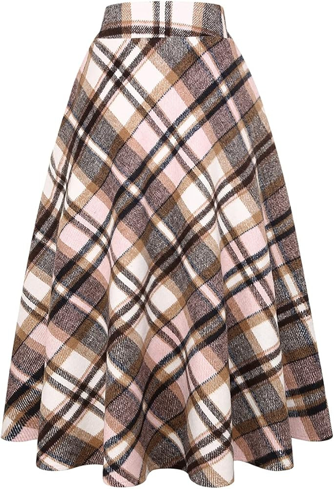 IDEALSANXUN Womens Plaid Wool Skirts Elastic Waist A-Line Pleated Tartan Long Skirts | Amazon (US)