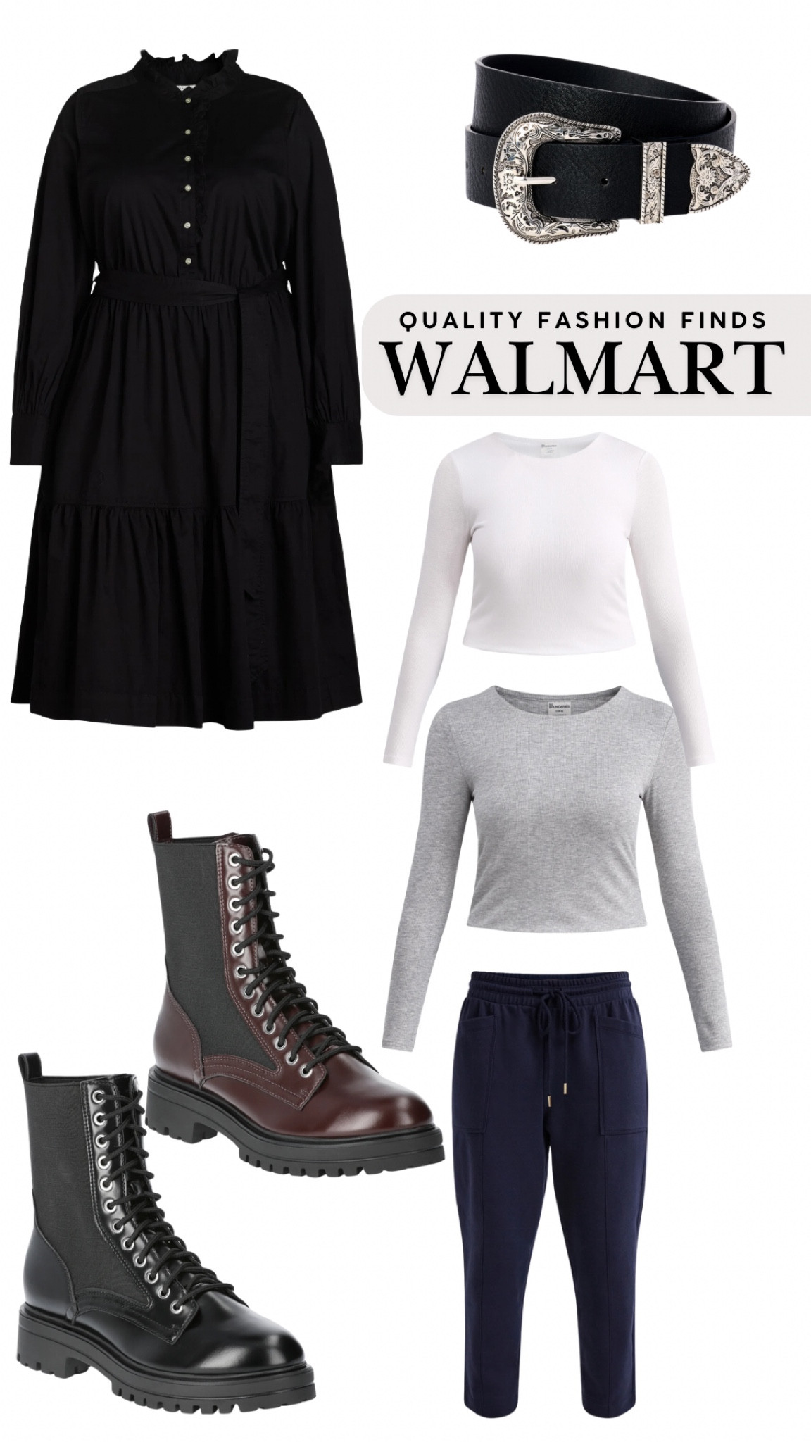 Walmart fashion finds, affordable basics, combat boots, black dress, long sleeve top, western style belt 

#LTKSaleAlert #LTKMidsize #LTKFindsUnder50