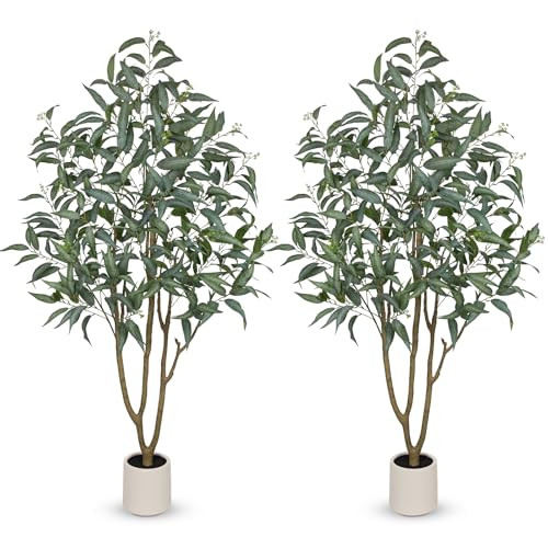 Eucalyptus Trees Artificial Indoor - 2PCS 6FT Tall Faux Eucalyptus Plants in White Planter, Fake Plant Décor for Farmhouse Bedroom Office Room Hallway Decoration | Amazon (US)