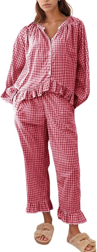 Flygo Womens Plaid Pajamas Sets 2 Piece Cotton Pj Set Puff Sleeve Ruffle Babydoll Shirt Gingham P... | Amazon (US)