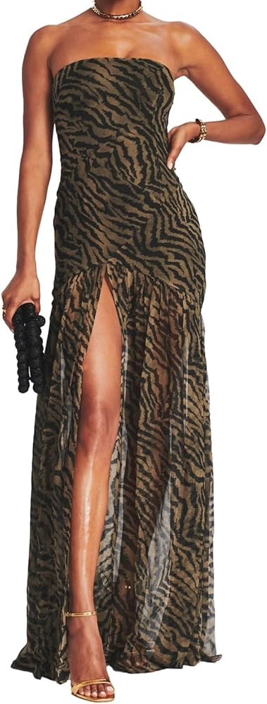 Women Tube Top Dress Tiger Stripe Mesh Patchwork Maxi Dress Strapless Sexy High Slit Long Dresses... | Amazon (US)