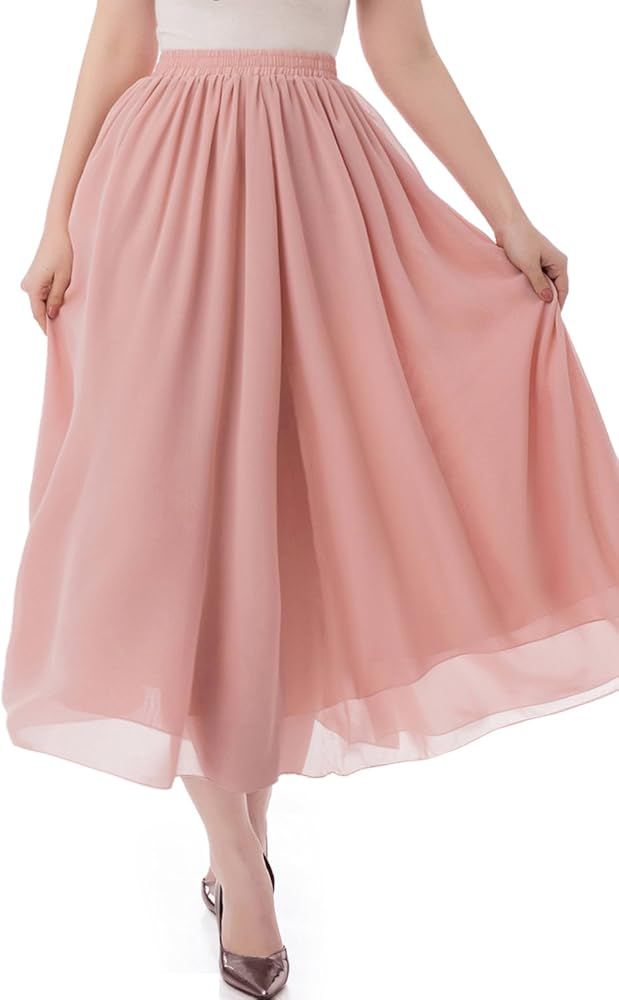 Women's Long Chiffon Skirt Pleated Retro Beach Skirts A-line Maxi Dress | Amazon (US)