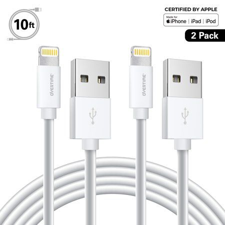 [2 Pack] Overtime MFI Certified Lightning To USB Cable 10 Ft, Phone Charger and Sync Cable - White | Walmart (US)