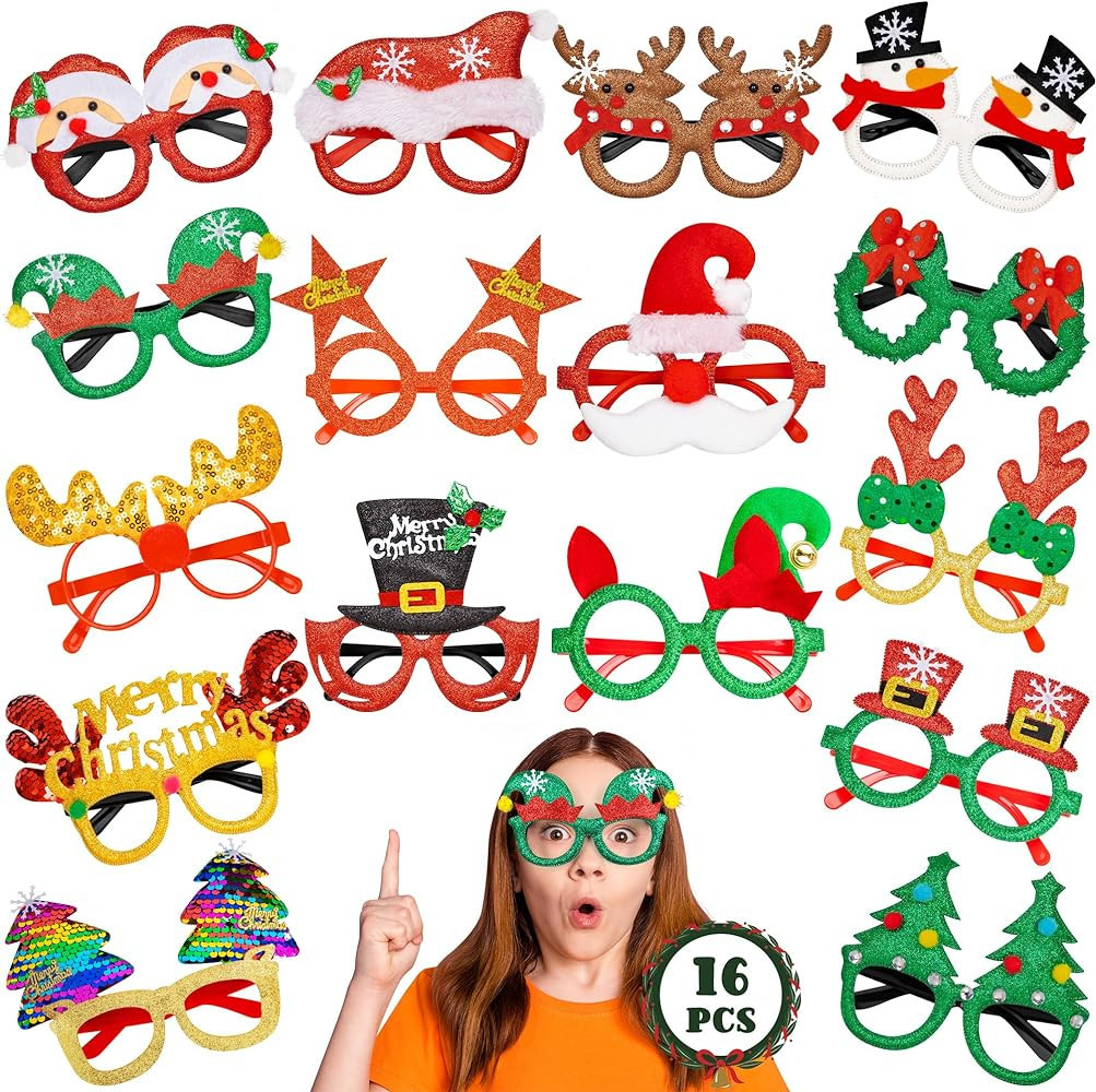 16 PCS Christmas Glasses, Cute Christmas Party Eyeglasses Frame, Funny Xmas Eyewear Bulk Santa Ha... | Amazon (US)