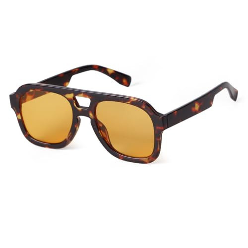 JUDOO Retro Square Aviator Sunglasses for Women Men Oversized Trendy Orange Lens Sunglasses Yellow Tinted Glasses 70s Shades (Tortoise Shell Frame/Orange Tinted Lens) | Amazon (US)
