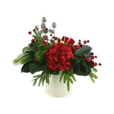 Hydrangea Holiday Arrangement With Pine, Berries And Bows In A Ceramic Pot | Wayfair North America