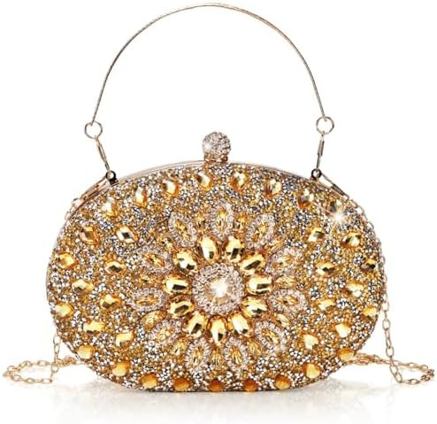 Rhinestone Evening Clutch Purse, Gold Sparkling Glitter Wrist Clutch Bag with Detachable Chain, C... | Amazon (US)