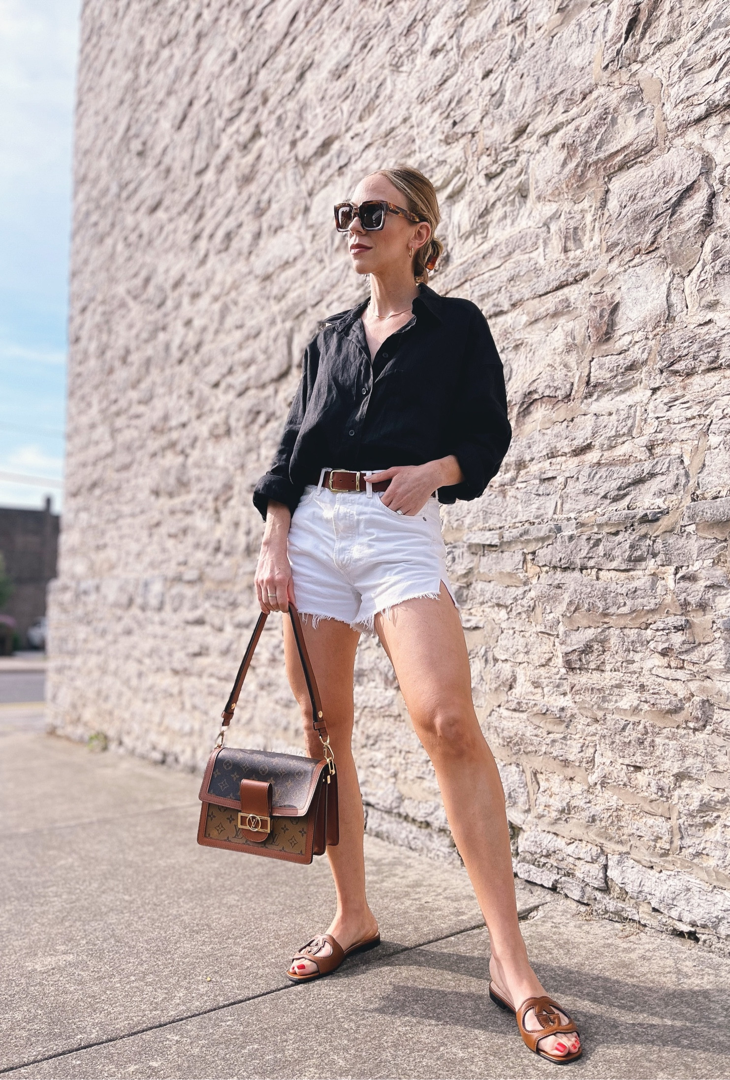 Black linen shirt, white denim shorts, Madewell leather belt, Gucci sandals, black and white summer outfit 

#LTKSeasonal #LTKunder50 #LTKstyletip