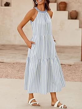 ZESICA Women's Summer Halter Maxi Dresses 2024 Casual Boho Striped Sleeveless Tiered Flowy A Line... | Amazon (US)