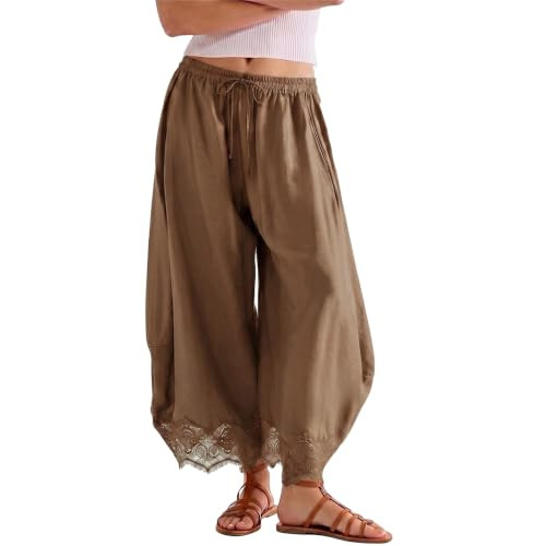 SeeLuNa Comfy Women's Pants Cropped Lace Hem Pants Summer Boho Drawstring High Rise Wide Leg Loun... | Amazon (US)