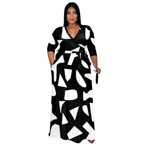 Runwind Plus Size Dress for Women 3/4 Sleeve V Neck Maxi Dresses for Women Black and White Squares Size 5XL | Amazon (US)