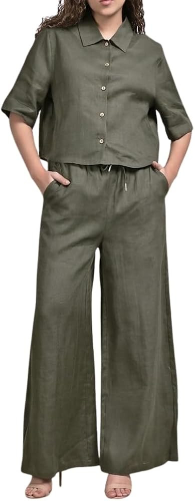 YUSHE 3 Piece Lounge Set for Women | Linen Crop Shirt with Shorts & Pants | Matching Co Ord Set |... | Amazon (US)