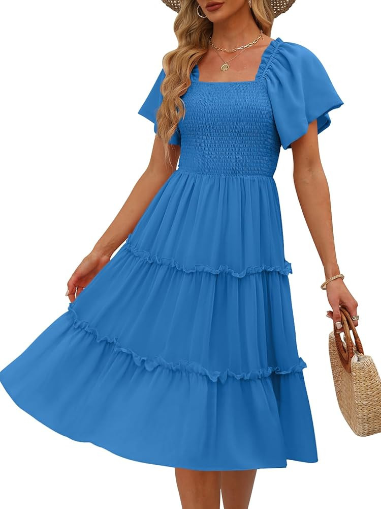 LILLUSORY Women's Summer Casual Flutter Sleeve Square Neck Smocked Midi Dress | Amazon (US)