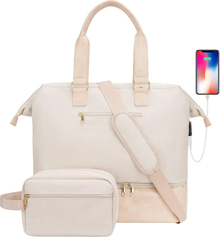 MINKARS Weekender Bag with Shoe Compartment Travel Duffle, Carry On 20 Inch, Beige | Amazon (US)